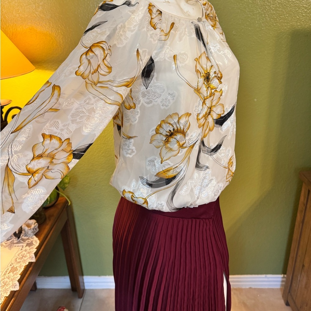 White House Black Market Gold and Black Floral Blouse